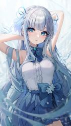 Rule 34 | 1girl, absurdres, armpits, arms behind head, arms up, bare arms, bare shoulders, blue bow, blue bowtie, blue choker, blue eyes, blue gemstone, blue hair, blue ribbon, blue skirt, blush, bow, bow skirt, bowtie, braid, breasts, brooch, center frills, choker, crown braid, flower, frilled shirt, frills, gem, gradient hair, grey hair, hair ribbon, highres, jewelry, kudou (sikisiki0000), long hair, looking at viewer, medium breasts, miniskirt, multicolored hair, original, parted lips, pleated skirt, ribbon, see-through, shirt, shirt tucked in, sidelocks, simple background, skirt, sleeveless, sleeveless shirt, solo, two-tone hair, very long hair, water, white background, white flower, white shirt