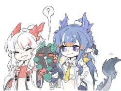Rule 34 | 3girls, ?, ^ ^, animal, animalization, arknights, blue hair, braid, brown hair, closed eyes, closed mouth, commentary request, dragon bubble (arknights), dragon girl, dragon horns, dragon tail, dusk (arknights), grin, hand on own hip, horns, huangjin sucui long, jacket, ling (arknights), long sleeves, multicolored hair, multiple girls, nian (arknights), open clothes, open jacket, purple eyes, red hair, simple background, smile, spoken question mark, streaked hair, tail, upper body, white background, white hair, white jacket, wide sleeves