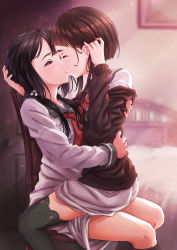 Rule 34 | 2girls, absurdres, bed, black eyes, black hair, blurry, blurry background, blush, brown hair, cardigan, chair, closed eyes, commentary, depth of field, dress, english commentary, hand on another&#039;s head, hands on another&#039;s back, highres, imminent kiss, indoors, itaro, kagajou suzume, kusunoki mebuki, kusunoki mebuki wa yuusha de aru, long hair, long sleeves, looking at another, low twintails, multiple girls, neckerchief, off shoulder, parted lips, profile, sailor dress, school uniform, serafuku, short hair with long locks, sitting, sitting on lap, sitting on person, thighhighs, twintails, yuri, yuusha de aru