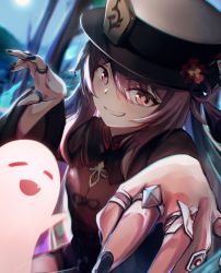 Rule 34 | 1girl, :d, absurdres, black hat, black nails, black shirt, black shorts, blouse, blue fire, blurry, blurry background, brown hair, chinese clothes, claw pose, fang, fire, flower, flower-shaped pupils, genshin impact, ghost, grin, hat, hat flower, highres, hu tao (genshin impact), jewelry, kurony (sirony), long hair, long sleeves, looking at viewer, multiple rings, nail polish, open mouth, outdoors, porkpie hat, red eyes, red flower, ring, shirt, shorts, skin fang, sky, smile, solo, symbol-shaped pupils, tree, wide sleeves