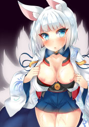 Rule 34 | 1girl, animal ears, azur lane, batten, blue eyes, blue skirt, blunt bangs, blush, breasts, collar, collarbone, fox ears, fox tail, japanese clothes, kaga (azur lane), kimono, large breasts, long sleeves, looking at viewer, makeup, multiple tails, nipples, nose blush, open clothes, open kimono, parted lips, pussy juice, shiny skin, short hair, skirt, standing, suggestive fluid, sweatdrop, tail, undressing, white hair, white kimono, wide sleeves