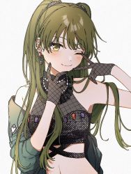 Rule 34 | 1girl, bare shoulders, blush, crop top, earrings, gem, gloves, green hair, green jacket, grey background, halterneck, hands up, idolmaster, idolmaster shiny colors, iwawa, jacket, jewelry, lace, lace gloves, long hair, looking at viewer, nanakusa nichika, navel, off shoulder, one eye closed, shirt, sleeveless, sleeveless shirt, smile, solo, split mouth, twintails, upper body, v, yellow eyes