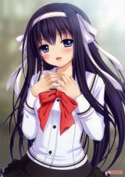 Rule 34 | 1girl, :d, absurdres, artist request, black hair, blurry, blurry background, blush, bow, bowtie, breasts, buttons, fujimori yuuna, hairband, hands on own chest, head tilt, highres, huge filesize, long hair, long sleeves, looking at viewer, open mouth, pleated skirt, purple eyes, red bow, red bowtie, scan, school uniform, skirt, smile, solo, tamanin, watermark