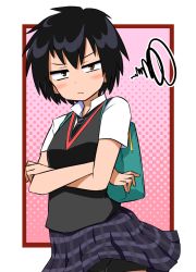Rule 34 | 1girl, annoyed, bag, bike shorts, black hair, blush, brown eyes, commentary, crossed arms, half-closed eyes, looking at viewer, marvel, mashio, necktie, peni parker, plaid, plaid skirt, school uniform, serafuku, short hair, short sleeves, shorts, shorts under skirt, skirt, solo, spider-man: into the spider-verse, spider-man (series), spider-verse, wind, wind lift