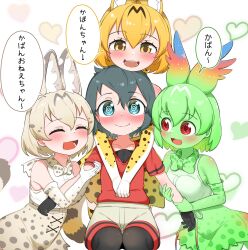 Rule 34 | 4girls, @ @, absurdres, animal ears, bare shoulders, black hair, blonde hair, blush, bow, bowtie, cellval, chis (js60216), colored skin, cuddling, elbow gloves, extra ears, gloves, green hair, green skin, grey shorts, head wings, high-waist skirt, highres, kaban (kemono friends), kemono friends, multicolored hair, multiple girls, open mouth, print bow, print bowtie, print gloves, print skirt, print thighhighs, red eyes, red shirt, serval (kemono friends), serval print, shirt, short hair, shorts, skirt, sleeveless, smile, striped tail, tail, thighhighs, traditional bowtie, translated, two-tone bowtie, white hair, white serval (kemono friends), white shirt, wings, yellow gloves, yellow skirt, yuri