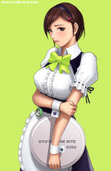 Rule 34 | 1girl, bow, breasts, brown eyes, brown hair, cowboy shot, female focus, green background, hair ornament, hairband, hairclip, headband, ryu (ryu&#039;s form site), short hair, simple background, solo, standing, tray, waitress