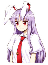 Rule 34 | 1girl, :3, animal ears, blush, carrot, collared shirt, highres, itou yuuji, long hair, looking at viewer, necktie, nervous, open mouth, purple hair, rabbit ears, red eyes, red necktie, reisen udongein inaba, shirt, smile, solo, tie clip, touhou, tsurime, upper body, white background