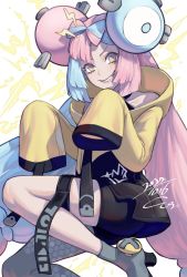 Rule 34 | 1girl, black shorts, blue hair, boots, character hair ornament, co299098644, commentary request, creatures (company), dated, game freak, grey footwear, grey pantyhose, grin, hair ornament, hands up, high heel boots, high heels, highres, iono (pokemon), jacket, long hair, nintendo, pantyhose, pink hair, pokemon, pokemon sv, sharp teeth, shorts, signature, single leg pantyhose, sleeves past fingers, sleeves past wrists, smile, solo, teeth, thigh strap, twintails, yellow jacket