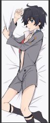 Rule 34 | 10s, 1boy, bed sheet, black hair, black socks, blue eyes, blush, briefs, bulge, commentary, darling in the franxx, eyes visible through hair, grey shirt, grey shorts, hair over one eye, highres, hiro (darling in the franxx), k 016002, legwear garter, long sleeves, lying, male focus, male underwear, military, military uniform, navel, necktie, no shoes, ock, on side, open clothes, open shirt, open shorts, pectorals, red necktie, scar, scar on chest, shirt, short hair, shorts, socks, solo, stomach, underwear, uniform, white briefs, white male underwear