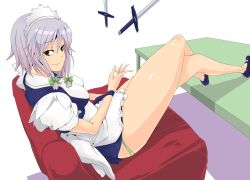 Rule 34 | 1girl, apron, bad id, bad pixiv id, bare legs, bow, braid, breasts, couch, crossed legs, female focus, grey eyes, hair bow, izayoi sakuya, knife, long legs, maid, maid apron, maid headdress, panties, pantyshot, red upholstery, shiny skin, short hair, silver hair, sitting, smirk, solo, table, thick thighs, thighs, touhou, underwear, zenisu