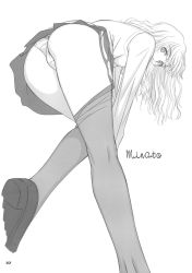 Rule 34 | 00s, 1girl, ass, bent over, blush, character name, clothes pull, greyscale, highres, kneepits, legs, long hair, long legs, looking at viewer, looking back, minato (zegapain), monochrome, panties, pantyhose, pantyhose pull, pantyshot, school uniform, serafuku, shoes, skirt, solo, sweater vest, thighs, tony taka, underwear, upskirt, vest, wavy hair, zegapain