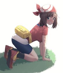 Rule 34 | 1girl, absurdres, all fours, bandana, bike shorts, blue eyes, brown hair, creatures (company), fanny pack, full body, game freak, grass, highres, looking at viewer, may (pokemon), nintendo, on grass, pokemon, pokemon rse, red bandana, red footwear, red shirt, shirt, short sleeves, shorts, smile, solo, tennosuke (tejons), white background