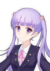 Rule 34 | 1girl, aaeru, blue jacket, blunt bangs, flower, hair flower, hair ornament, highres, jacket, long hair, looking at viewer, neck ribbon, new game!, pink flower, pink ribbon, purple eyes, ribbon, shirt, silver hair, simple background, smile, solo, suzukaze aoba, uniform, upper body, very long hair, white background, white shirt