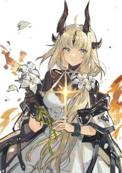Rule 34 | 1girl, absurdres, ahoge, arknights, black gloves, black jacket, black shirt, blonde hair, blue eyes, breasts, closed mouth, commentary, cowboy shot, dragon girl, dragon horns, dress, flower, gloves, hair over shoulder, highres, holding, holding flower, horns, infection monitor (arknights), jacket, light in heart, light smile, long hair, looking at viewer, medium breasts, mento, off shoulder, open clothes, open jacket, petals, reed (arknights), reed the flame shadow (arknights), shirt, shirt under dress, simple background, single glove, sleeveless, sleeveless dress, slit pupils, solo, standing, white background, white dress, white flower