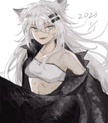 Rule 34 | 1girl, animal ear fluff, animal ears, antenna hair, aqua eyes, arknights, armpit crease, bandeau, black jacket, breasts, buttons, collarbone, collared jacket, commentary request, dated, floating hair, from side, grey hair, hair between eyes, hair ornament, hairclip, high collar, highres, itonatsu, jacket, lappland (arknights), long hair, long sleeves, looking at viewer, looking to the side, lower teeth only, medium breasts, messy hair, midriff, navel, off shoulder, open clothes, open jacket, open mouth, ribs, scar, scar across eye, scar on face, shade, single bare arm, single bare shoulder, single off shoulder, sketch, skinny, smile, solo, standing, stomach, teeth, upper body, white background, white bandeau, wolf ears, wolf girl