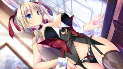 Rule 34 | 1girl, black panties, blonde hair, bow, bow panties, breasts, rabbit ears, cleavage, dutch angle, covered erect nipples, game cg, hair ribbon, hand on own hip, hapymaher, indoors, koku, large breasts, long hair, navel, panties, plaid, ribbon, solo, twintails, underwear, watch, wrist cuffs, yayoi b lutwidge