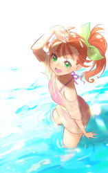 Rule 34 | 1girl, :d, arm up, bikini, bikini under clothes, bow, cowboy shot, green bow, green eyes, hair bow, high ponytail, jj (ssspulse), long hair, natsuumi manatsu, ocean, off-shoulder shirt, off shoulder, open mouth, orange hair, pink ribbon, precure, ribbon, shirt, side ponytail, smile, solo, standing, swimsuit, tropical-rouge! precure, wading, wet, wet clothes, wet shirt, white background, white shirt