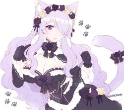 Rule 34 | 1girl, alternate costume, animal ears, bad id, bad twitter id, black gloves, bow, breasts, camilla (fire emblem), cat ears, cat tail, cleavage, dress, fire emblem, fire emblem fates, flower, gloves, hair flower, hair ornament, hair over one eye, large breasts, long hair, long sleeves, nintendo, open mouth, plushcharm, purple eyes, purple hair, simple background, solo, tail, twitter username, upper body, white background