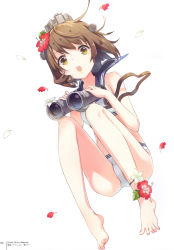 Rule 34 | 1girl, absurdres, bare shoulders, barefoot, bikini, binoculars, brown eyes, brown hair, flower, h2so4, hair flower, hair ornament, hibiscus, highres, holding, kantai collection, looking at viewer, open mouth, page number, petals, sailor collar, scan, simple background, solo, swimsuit, thighs, toes, white background