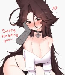 Rule 34 | 1girl, absurdres, ahoge, all fours, apologizing, arm support, bandaged arm, bandages, bare shoulders, black choker, black panties, blush, breasts, brown eyes, brown hair, choker, cleavage, collarbone, disembodied hand, english text, hair between eyes, hand on another&#039;s cheek, hand on another&#039;s face, hanging breasts, heart, heart choker, highres, large breasts, leaning forward, long hair, looking at viewer, off-shoulder shirt, off shoulder, original, panties, pout, pov, pov hands, shirt, simple background, sky above me, spoken heart, underwear, very long hair, white background, white shirt