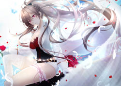 Rule 34 | 1girl, alternate breast size, alternate costume, anchor symbol, azur lane, belt, blue sky, breasts, bridal garter, bridal veil, bride, choker, cleavage, cloud, collarbone, day, dress, earrings, feathers, floating hair, flower, fulunukko, hair between eyes, head tilt, holding, holding flower, jacket, jean bart (azur lane), jewelry, knee up, lace, lace-trimmed legwear, lace trim, lapels, light smile, long hair, long sleeves, looking at viewer, medium breasts, notched lapels, open clothes, open jacket, outdoors, ponytail, red eyes, red flower, red rose, ring, rose, short shorts, shorts, sidelocks, single thighhigh, sitting, sky, smile, solo, thighhighs, thighs, veil, very long hair, wedding band, wedding dress, white jacket, white shorts, wind, wind lift
