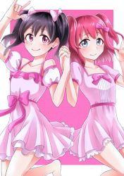 Rule 34 | 2girls, \m/, aqua eyes, black hair, commentary request, holding hands, in-franchise crossover, jumping, kurosawa ruby, love live!, love live! school idol project, love live! sunshine!!, multiple girls, namiko817, nico nico nii, pink background, red eyes, red hair, short twintails, twintails, two side up, yazawa nico