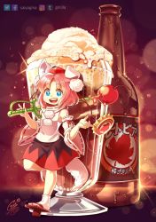 Rule 34 | 1girl, :d, animal ears, artist name, bare shoulders, beer bottle, blue eyes, bottle cap, cherry, chinese new year, flip-flops, food, fruit, full body, gina chacon, highres, holding, holding sword, holding weapon, ice cream, inubashiri momiji, leaning back, looking at viewer, open mouth, red skirt, sandals, shirt, short hair, skirt, smile, solo, standing, standing on one leg, sword, tail, touhou, weapon, white hair, white legwear, white shirt, white sleeves, wolf ears, wolf girl, wolf tail
