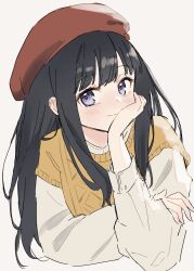 Rule 34 | beret, black hair, blush, hand on own face, hat, highres, inoue takina, long hair, long sleeves, looking at viewer, lycoris recoil, purple eyes, red hat, shirt, short-sleeved sweater, short sleeves, simple background, smile, souda (soudaco1a), sweater, white background, white shirt