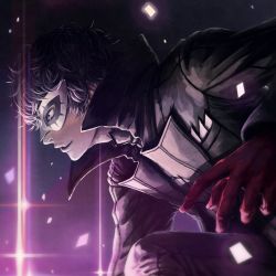 Rule 34 | 10s, 1boy, amamiya ren, black coat, black hair, black pants, coat, from side, gloves, high collar, highres, lens flare, light particles, long sleeves, male focus, mask, namako mikan, pants, parted lips, persona, persona 5, profile, red gloves, smile, solo