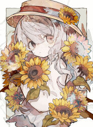 Rule 34 | 1girl, absurdres, border, braid, braided sidelock, brown background, brown eyes, brown hat, closed mouth, commentary request, expressionless, flower, from side, grey hair, hair between eyes, hand up, hat, hat flower, hat ribbon, heterochromia, highres, holding, holding flower, long hair, long sleeves, looking at viewer, looking to the side, original, outside border, red ribbon, ribbon, shirt, solo, soresaki, straw hat, sunflower, upper body, white border, white shirt, yellow flower