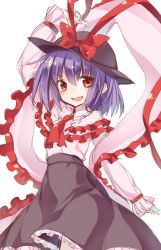 Rule 34 | 1girl, arm up, ascot, black hat, black skirt, bow, capelet, cowboy shot, frills, hair between eyes, hat, hat bow, highres, long sleeves, looking at viewer, nagae iku, oborofu, open mouth, purple hair, red bow, red eyes, shawl, short hair, simple background, skirt, solo, touhou, white background