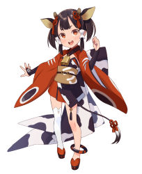 Rule 34 | 1girl, :d, animal ears, animal print, bell, black footwear, black hair, blush, bridal gauntlets, brown eyes, commentary request, cow ears, cow girl, cow horns, cow print, cow tail, cowbell, full body, hair tubes, hand up, highres, horns, japanese clothes, kimono, long sleeves, looking at viewer, obi, open mouth, original, red kimono, sash, simple background, single thighhigh, smile, solo, standing, tail, thighhighs, twintails, white background, white thighhighs, wide sleeves, yuko (uc yuk)