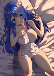 Rule 34 | 1girl, absurdres, ambasa, blue eyes, blue hair, blush, breasts, caeda (fire emblem), cleavage, commentary request, commission, feet out of frame, fire emblem, fire emblem: mystery of the emblem, fire emblem: shadow dragon and the blade of light, highres, large breasts, long hair, lying, naked towel, nintendo, nipples, on back, one breast out, open mouth, skeb commission, towel