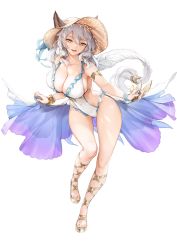 Rule 34 | 1girl, animal ears, blush, bracelet, braid, breasts, casual one-piece swimsuit, cat ears, cleavage, collarbone, covered erect nipples, ears through headwear, erune, full body, gluteal fold, granblue fantasy, hair between eyes, hat, heles, heles (summer) (granblue fantasy), jewelry, kyuri tizu, large breasts, long hair, looking at viewer, one-piece swimsuit, open mouth, sandals, silver hair, simple background, single braid, smile, solo, sun hat, swimsuit, very long hair, white background, white one-piece swimsuit, yellow eyes