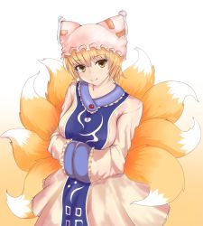 Rule 34 | 1girl, absurdres, animal ears, animal hat, arms under breasts, blonde hair, breasts, cowboy shot, dress, fox ears, fox tail, hat, highres, large breasts, looking at viewer, mob cap, multiple tails, neko zamurai, mob cap, short hair, simple background, smile, solo, tabard, tail, touhou, white background, white dress, yakumo ran, yellow eyes