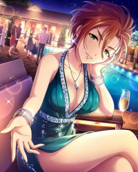 Rule 34 | 10s, 1girl, artist request, bracelet, breasts, brown hair, chair, cleavage, collarbone, crossed legs, cup, drinking glass, earrings, green eyes, grin, house, idolmaster, idolmaster cinderella girls, jewelry, kiba manami, large breasts, looking at viewer, necklace, night, night sky, official art, outdoors, plant, pool, short hair, sitting, sky, smile, solo, table, thighs, wine glass
