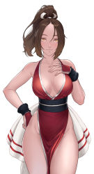 Rule 34 | 1girl, arm guards, bare shoulders, breasts, brown eyes, brown hair, cheshirrr, cleavage, closed mouth, collarbone, fatal fury, hair tie, hand on own hip, hand on own chest, high ponytail, highres, large breasts, looking at viewer, ninja, no panties, obi, pelvic curtain, ponytail, revealing clothes, sash, shiranui mai, smile, snk, solo, standing, the king of fighters, thighs, wrist cuffs