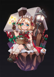 Rule 34 | 1girl, aged down, animal ears, antlers, blonde hair, blue eyes, blush, boots, candy, candy cane, christmas, deer ears, food, g36 (every child&#039;s x&#039;mas dream) (girls&#039; frontline), g36 (girls&#039; frontline), gingerbread house, girls&#039; frontline, glasses, highres, horns, lamppost, maid headdress, official alternate costume, persocon93, picnic basket, reindeer antlers, solo