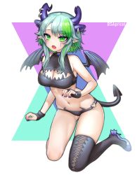Rule 34 | absurdres, bare shoulders, bikini, black bikini, black thighhighs, black wings, blue footwear, blush, breasts, bridal gauntlets, bsapricot, apricot the lich, cleavage, cleavage cutout, clothing cutout, commentary request, demon girl, demon horns, demon tail, demon wings, dragon girl, earrings, facial mark, fang, full body, green eyes, green hair, heart o-ring, high heels, highres, horn piercing, horns, jewelry, long hair, looking at viewer, medium breasts, multicolored hair, nail polish, navel, open mouth, original, pointy ears, purple nails, shoes, sidelocks, single thighhigh, skindentation, solo, stomach, streaked hair, swimsuit, tail, thighhighs, virtual youtuber, vshojo, wings