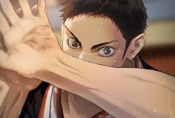Rule 34 | 1boy, artist name, black hair, blurry, blurry background, brown eyes, close-up, commentary request, covered mouth, derivative work, haikyuu!!, hands up, highres, indoors, korean commentary, la hnvk, light trail, looking at viewer, male focus, sanpaku, sawamura daichi, screenshot redraw, short hair, solo, sportswear, sweat, twitter username, volleyball uniform