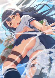 Rule 34 | 1girl, :o, ass, black hair, breasts, brown eyes, cannon, chestnut mouth, cleft of venus, from below, frown, highres, kantai collection, large breasts, long hair, looking at viewer, no bra, open mouth, panties, pantyshot, school uniform, serafuku, solo, standing, tachimi (basue), underboob, underwear, upshirt, ushio (kancolle), ushio kai ni (kancolle)