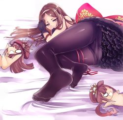 Rule 34 | 1girl, ass, bare shoulders, black gloves, black pantyhose, brown eyes, brown hair, chacha (fate), character doll, closed mouth, fate/grand order, fate (series), feet, gloves, headband, long hair, looking at viewer, lying, nekoperon, oda nobukatsu (fate), oda nobunaga (fate), oda nobunaga (koha-ace), on side, panties, panties under pantyhose, pantyhose, petticoat, red ribbon, ribbon, sleeping, solo, striped clothes, striped panties, underwear