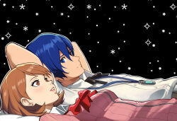 Rule 34 | 1boy, 1girl, arms behind head, arms up, belt, black background, black ribbon, blue eyes, blue hair, blush, bow, bowtie, breasts, brown eyes, brown hair, cardigan, closed mouth, collared shirt, commentary, digital media player, earrings, from side, gekkoukan high school uniform, hair between eyes, jewelry, looking at another, looking up, lying, medium breasts, neck ribbon, neggoartz, on back, parted lips, persona, persona 3, pillow, pink cardigan, pink lips, red bow, red bowtie, ribbed cardigan, ribbon, school uniform, shirt, short hair, short sleeves, smile, sparkle background, star (symbol), starry background, stud earrings, symbol-only commentary, takeba yukari, upper body, white shirt, yuuki makoto (persona 3)