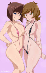 Rule 34 | 2girls, areola slip, asymmetrical docking, bare shoulders, blonde hair, blue eyes, breast press, breasts, brown hair, chicago-x, closed mouth, covered erect nipples, highres, large breasts, mazaki anzu, multiple girls, open mouth, orange eyes, short hair, small breasts, smile, standing, swimsuit, tagme, tongue, tongue out, yu-gi-oh!, yu-gi-oh! duel monsters, yu-gi-oh! vrains, zaizen aoi
