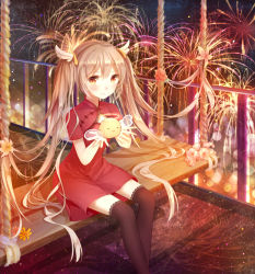 Rule 34 | 1girl, bad id, bad pixiv id, black thighhighs, blush, brown eyes, brown hair, character request, closed mouth, copyright request, fireworks, halo, highres, lantern, long hair, looking at viewer, sitting, smile, solo, thighhighs, twintails, yue yue