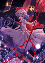 Rule 34 | 1girl, ascot, bad id, bad pixiv id, bat (animal), bat wings, blue hair, bobby socks, brooch, full body, hair between eyes, hat, hat ribbon, highres, holding, holding weapon, jewelry, lo-ta, looking at viewer, magic circle, mob cap, night, night sky, pink skirt, polearm, red eyes, red ribbon, remilia scarlet, ribbon, shoes, short hair, short sleeves, skirt, skirt set, sky, socks, solo, spear, spear the gungnir, touhou, weapon, wings, wrist cuffs