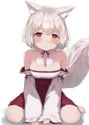 Rule 34 | 1girl, absurdres, animal ear fluff, animal ears, bare shoulders, breasts, cleavage, closed mouth, commentary, detached sleeves, full body, highres, inubashiri momiji, inushida (dogsheepsheep), looking at viewer, medium breasts, pom pom (clothes), red eyes, short hair, simple background, sitting, solo, tail, touhou, wariza, white background, white hair, wolf ears, wolf tail