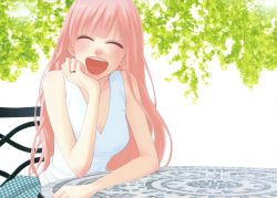 Rule 34 | 1girl, absurdres, alternate hairstyle, breasts, cleavage, cup, day, closed eyes, happy, head rest, highres, jewelry, just be friends (vocaloid), laughing, long hair, megurine luka, outdoors, pink hair, ring, sleeveless, smile, solo, vocaloid, yunomi, yunomi (yunomi imonuy)