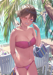 Rule 34 | 1girl, arm behind back, bag, beach, bikini, blush, breasts, brown hair, cleavage, collarbone, commentary request, day, flipped hair, grin, hand on own cheek, hand on own face, hiei (kancolle), highres, holding, holding bag, kantai collection, looking at viewer, medium breasts, navel, one eye closed, outdoors, palm tree, pink bikini, purple eyes, satsuki neko, short hair, side-tie bikini bottom, smile, solo, standing, strapless, strapless bikini, swimsuit, tree