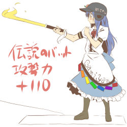Rule 34 | 1girl, baseball, blue hair, blush, boots, female focus, flat color, food, fruit, helmet, hinanawi tenshi, partially colored, peach, red eyes, simple background, sketch, solo, sword, sword of hisou, touhou, weapon, white background, yudepii